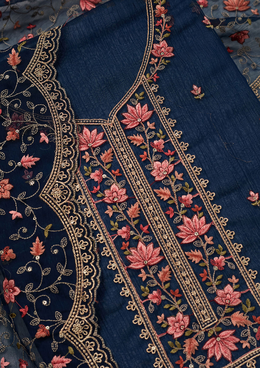 Navy Blue Tissue Threadwork Unstitched Dress Material With Matching Bottom And Dupatta