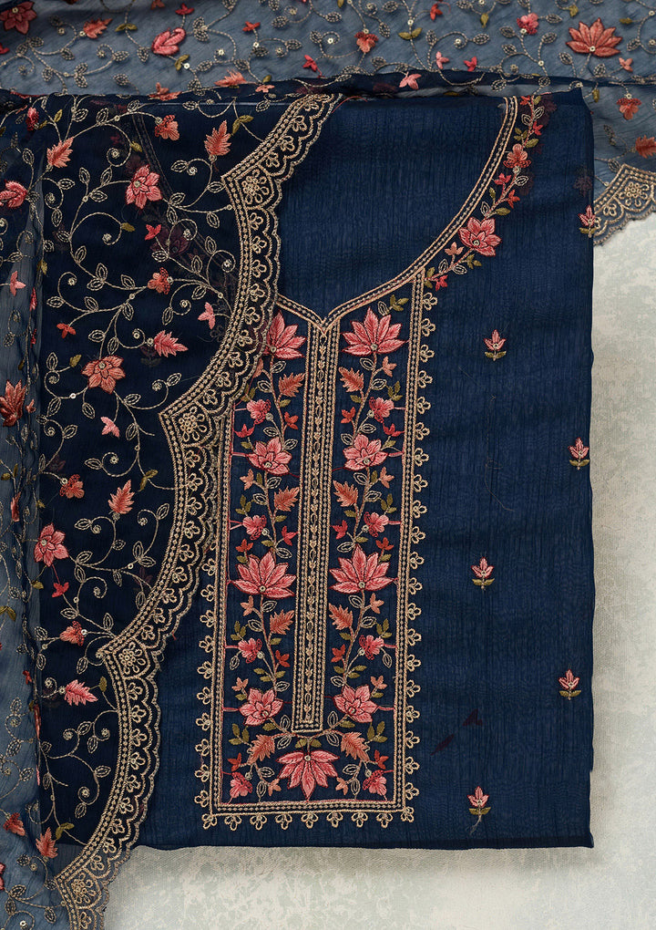 Navy Blue Tissue Threadwork Unstitched Dress Material With Matching Bottom And Dupatta