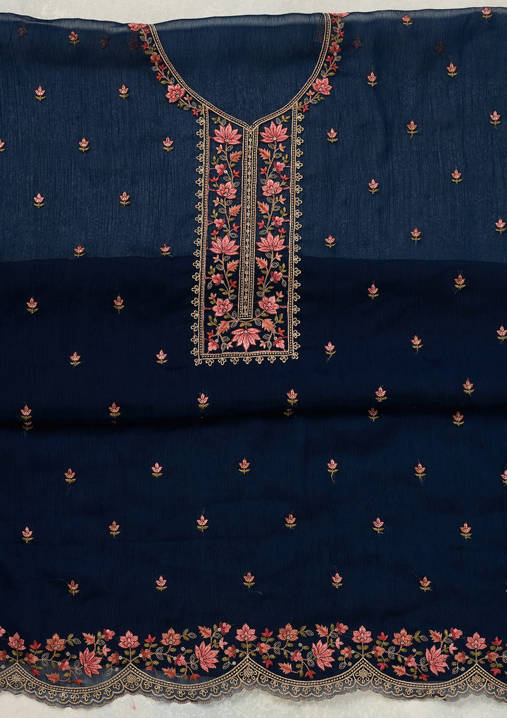 Navy Blue Tissue Threadwork Unstitched Dress Material With Matching Bottom And Dupatta
