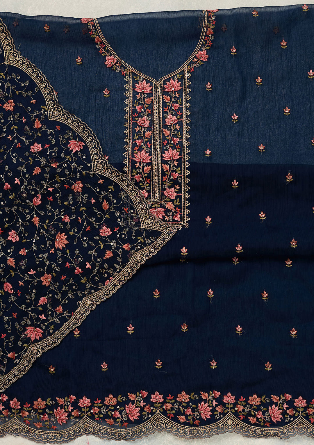 Navy Blue Tissue Threadwork Unstitched Dress Material With Matching Bottom And Dupatta