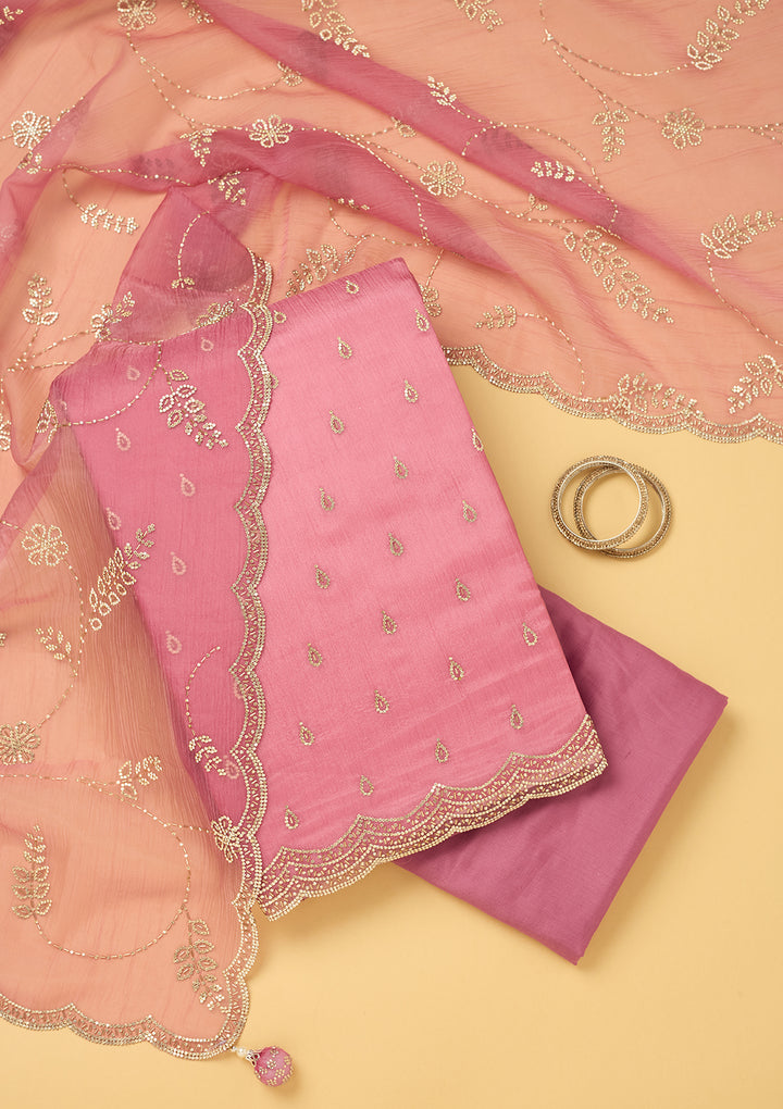 Pink Tissue Gold Stonework Unstitched Dress Material With Matching Bottom And Dupatta