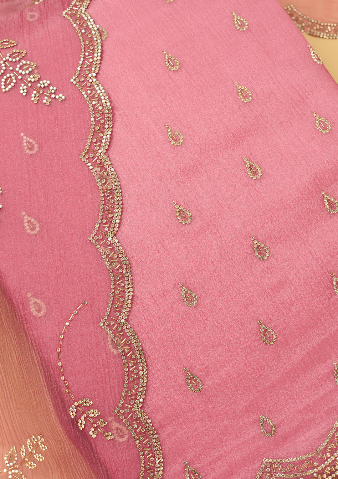 Pink Tissue Gold Stonework Unstitched Dress Material With Matching Bottom And Dupatta