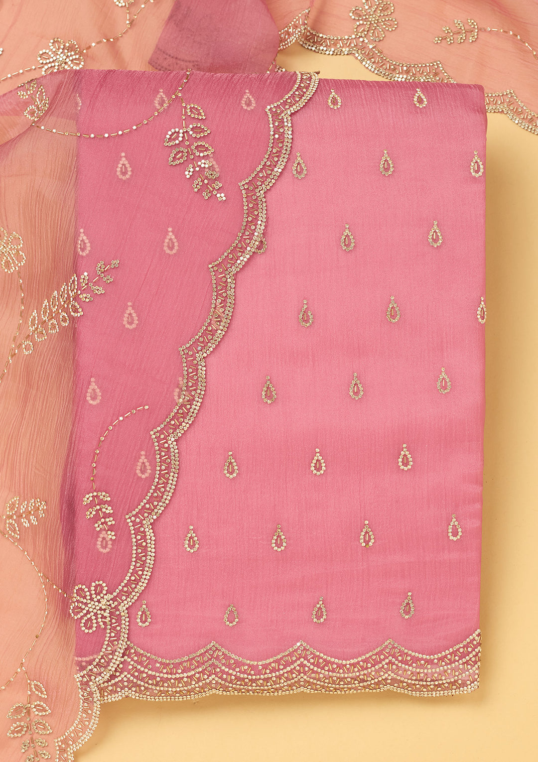 Pink Tissue Gold Stonework Unstitched Dress Material With Matching Bottom And Dupatta