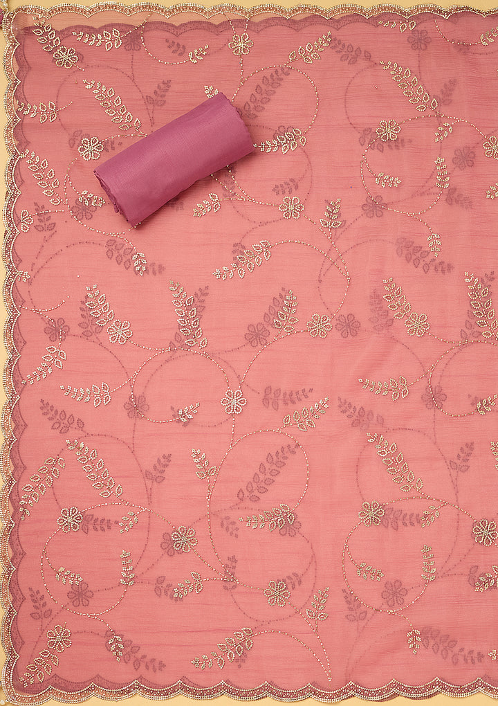 Pink Tissue Gold Stonework Unstitched Dress Material With Matching Bottom And Dupatta
