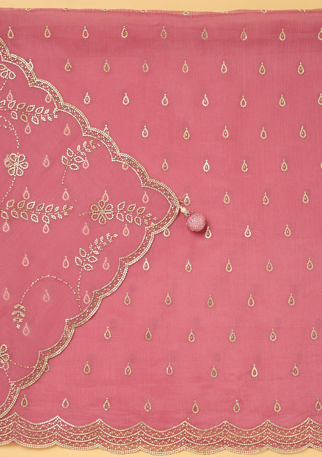 Pink Tissue Gold Stonework Unstitched Dress Material With Matching Bottom And Dupatta