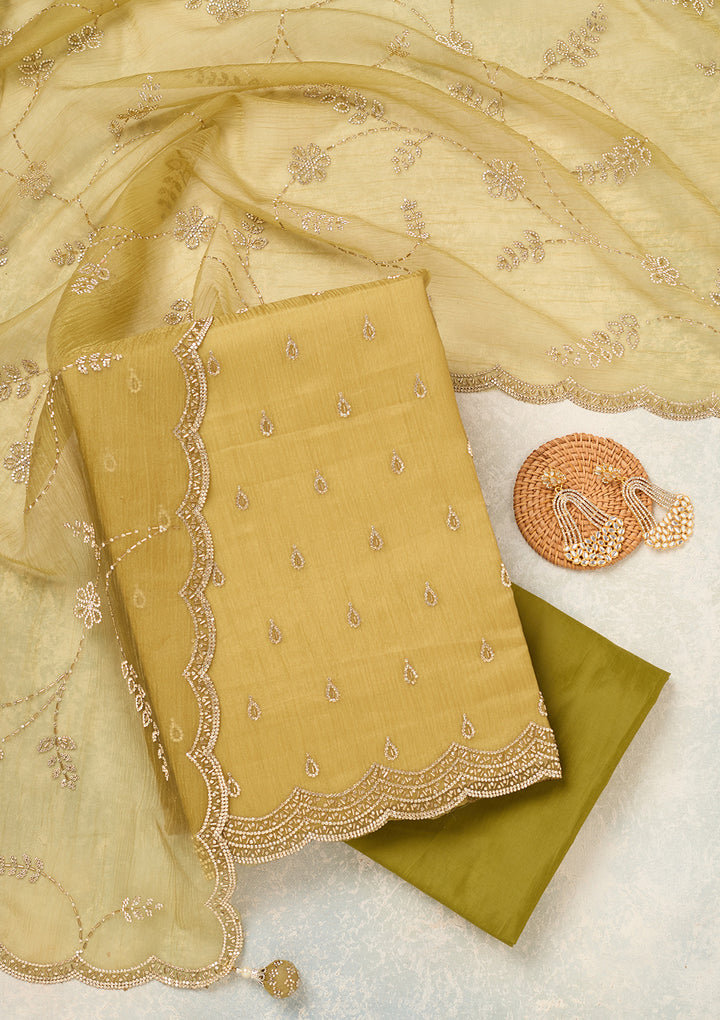 Pista Green Tissue Gold Stonework Unstitched Dress Material With Matching Bottom And Dupatta