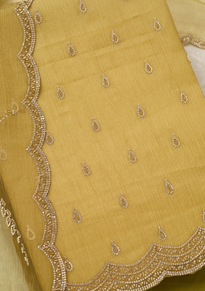 Pista Green Tissue Gold Stonework Unstitched Dress Material With Matching Bottom And Dupatta
