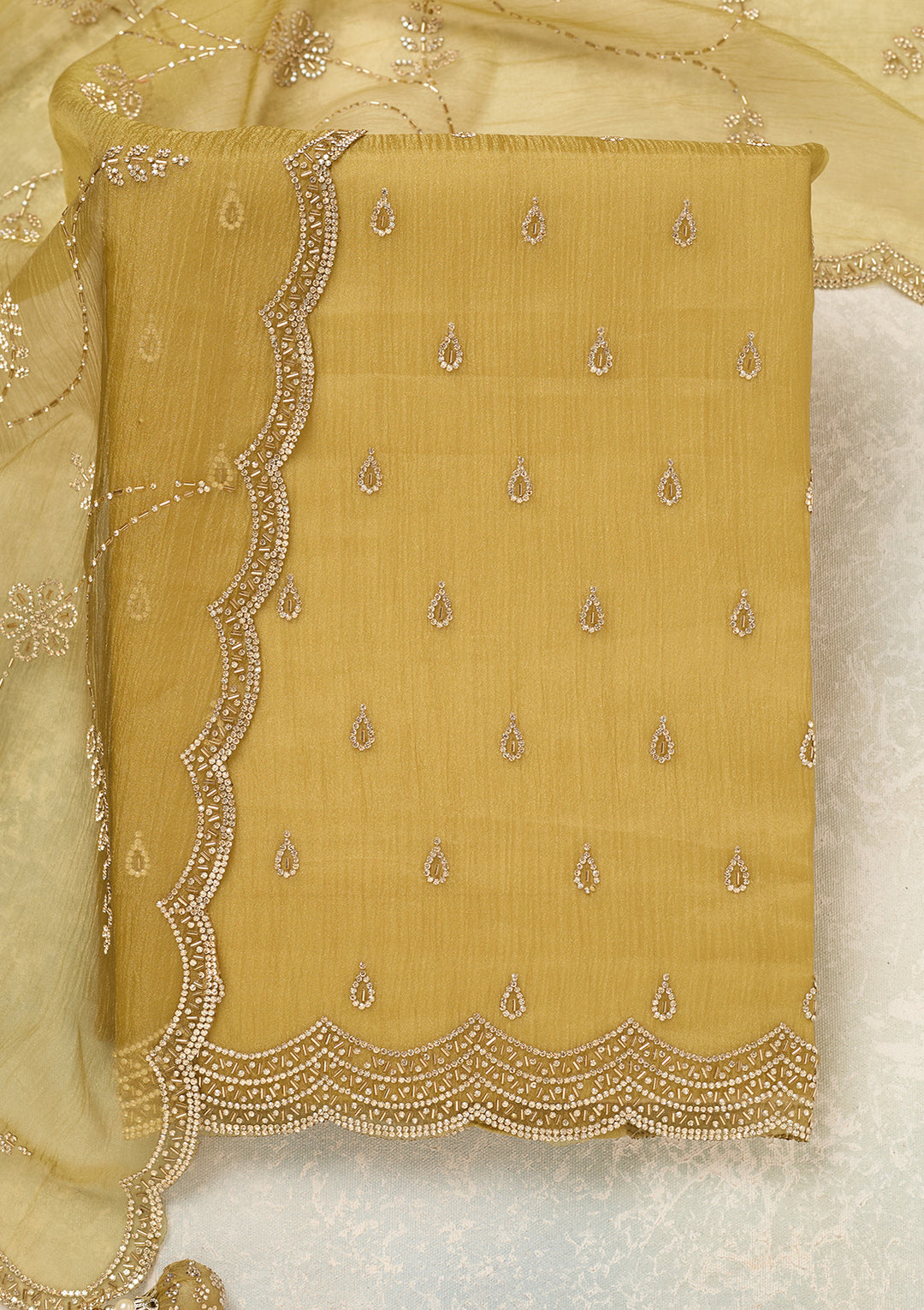Pista Green Tissue Gold Stonework Unstitched Dress Material With Matching Bottom And Dupatta