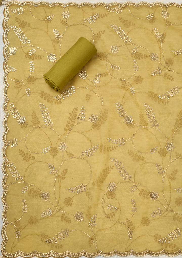 Pista Green Tissue Gold Stonework Unstitched Dress Material With Matching Bottom And Dupatta