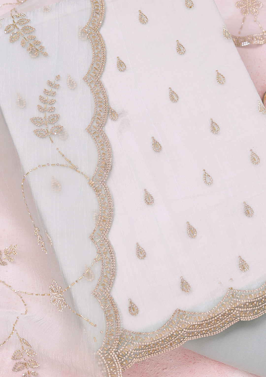 Sky Blue Tissue Gold Stonework Unstitched Dress Material With Matching Bottom And Dupatta