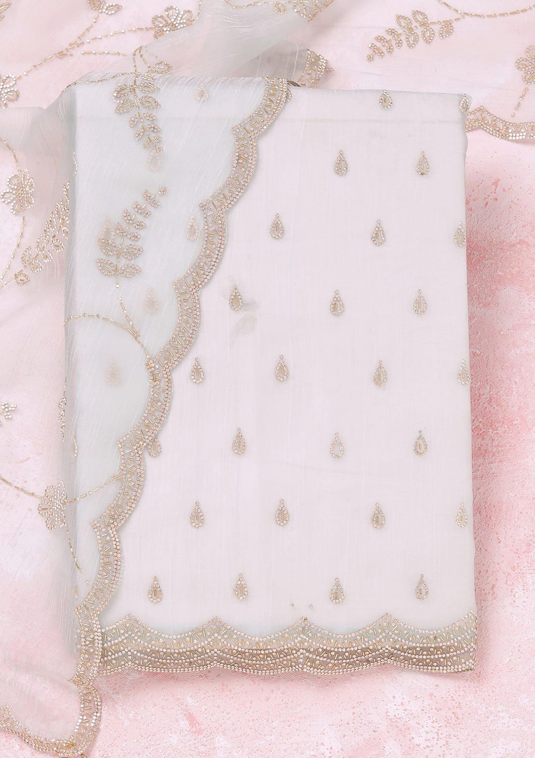Sky Blue Tissue Gold Stonework Unstitched Dress Material With Matching Bottom And Dupatta