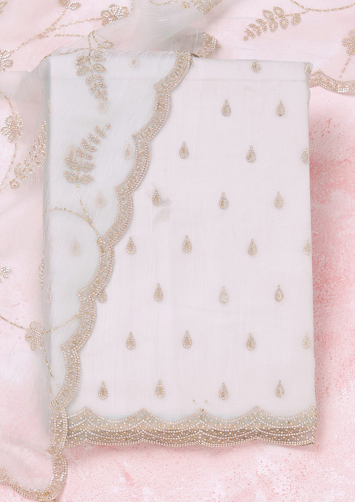 Sky Blue Tissue Gold Stonework Unstitched Dress Material With Matching Bottom And Dupatta
