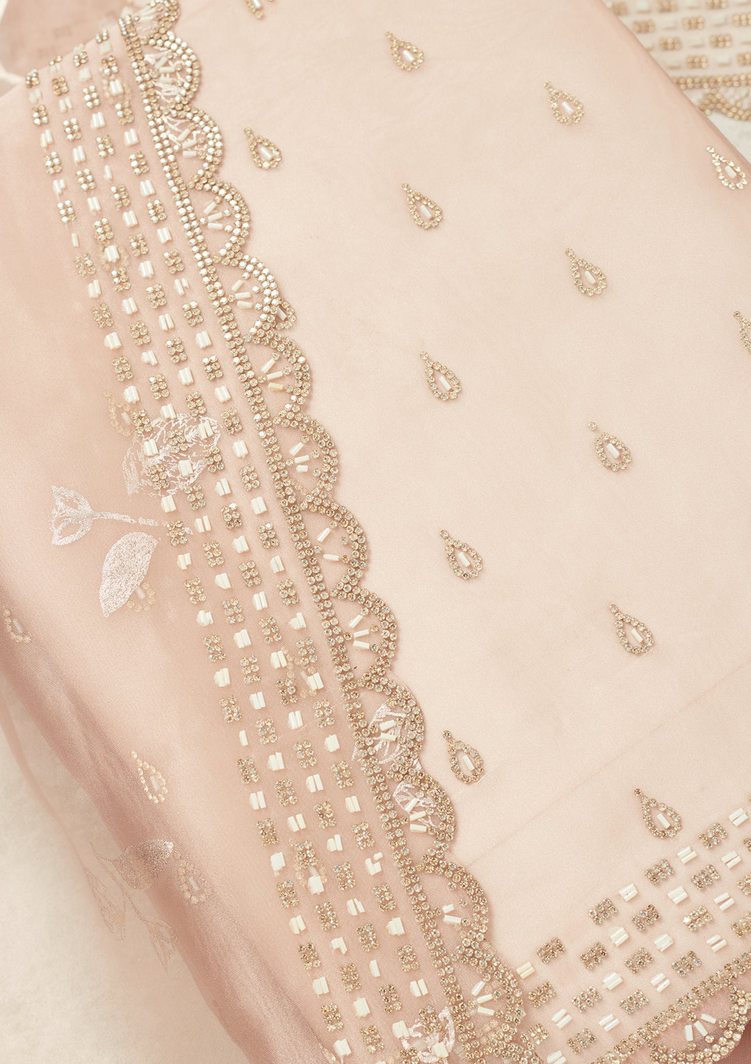 Lavender Tissue Gold Stonework Unstitched Dress Material With Matching Bottom And Dupatta