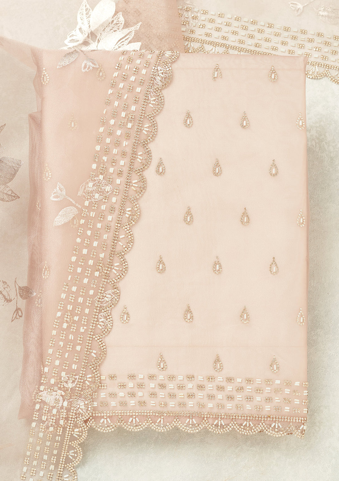 Lavender Tissue Gold Stonework Unstitched Dress Material With Matching Bottom And Dupatta