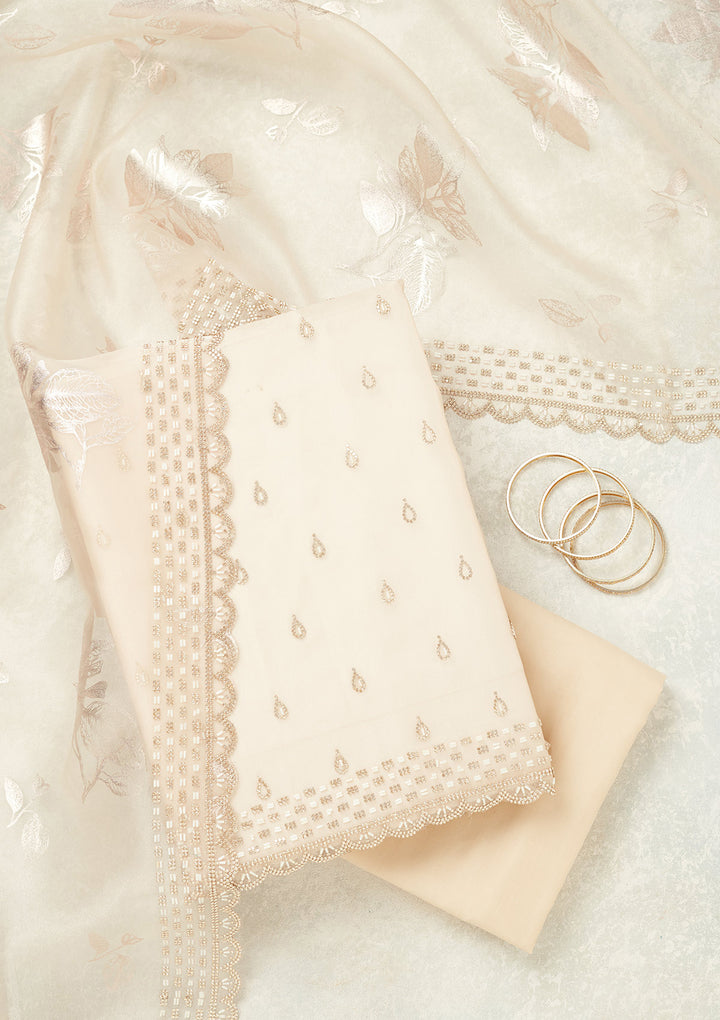 Off White Tissue Gold Stonework Unstitched Dress Material With Matching Bottom And Dupatta