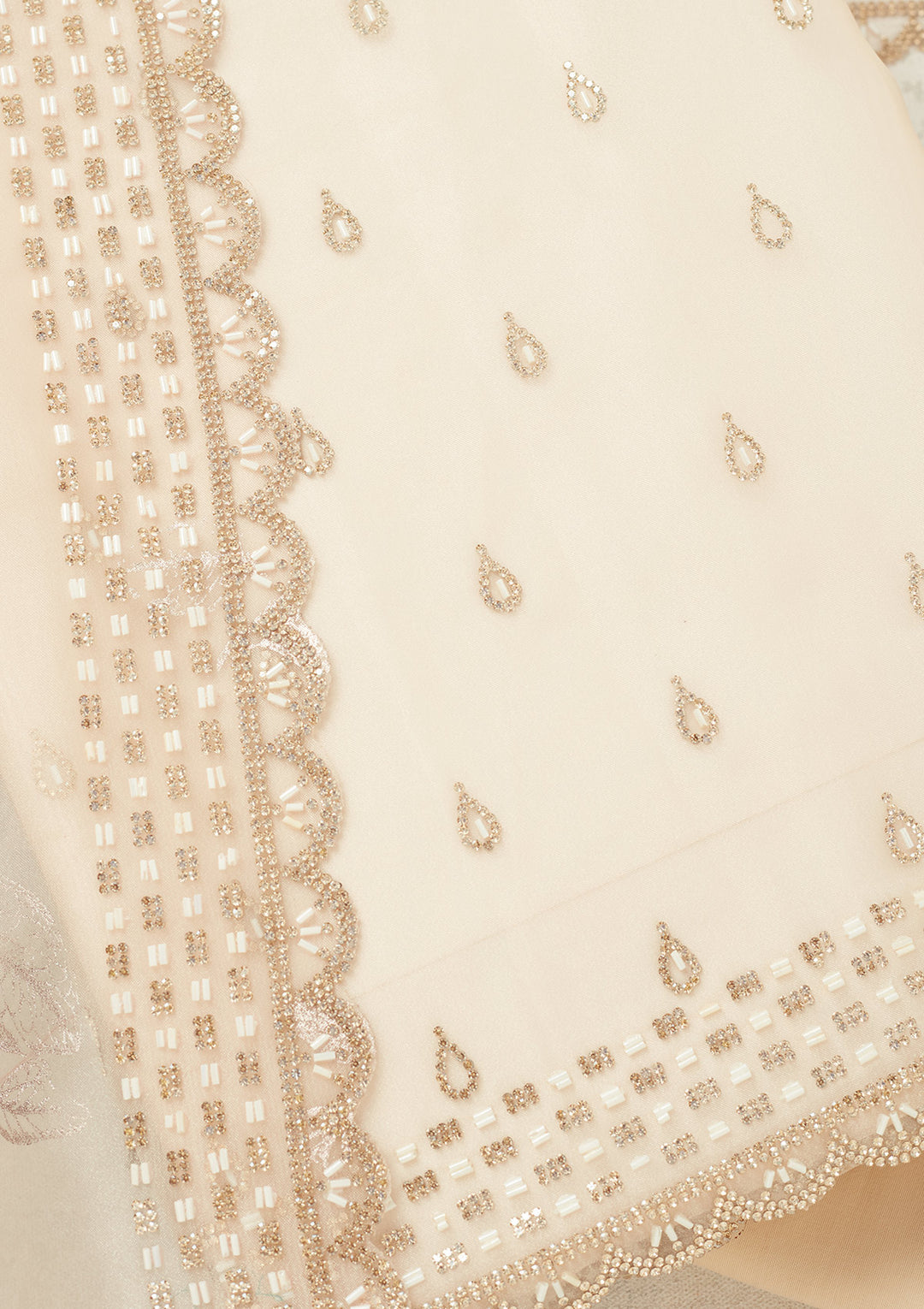 Off White Tissue Gold Stonework Unstitched Dress Material With Matching Bottom And Dupatta