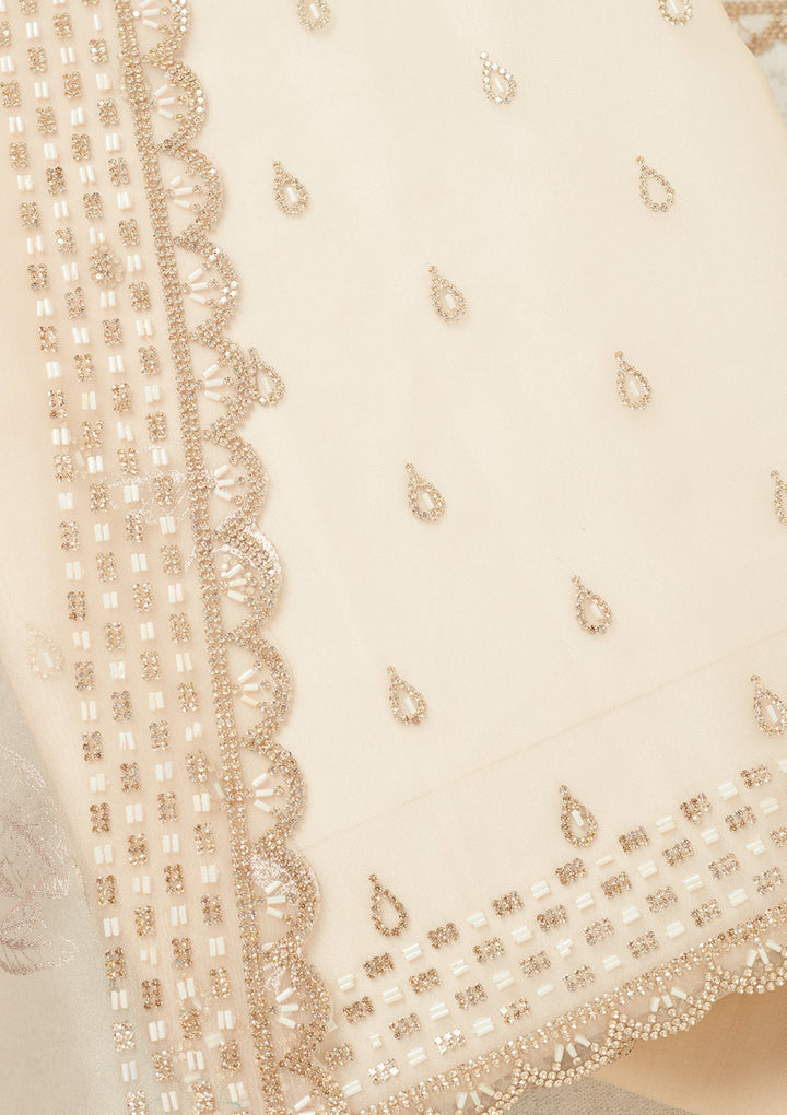 Off White Tissue Gold Stonework Unstitched Dress Material With Matching Bottom And Dupatta