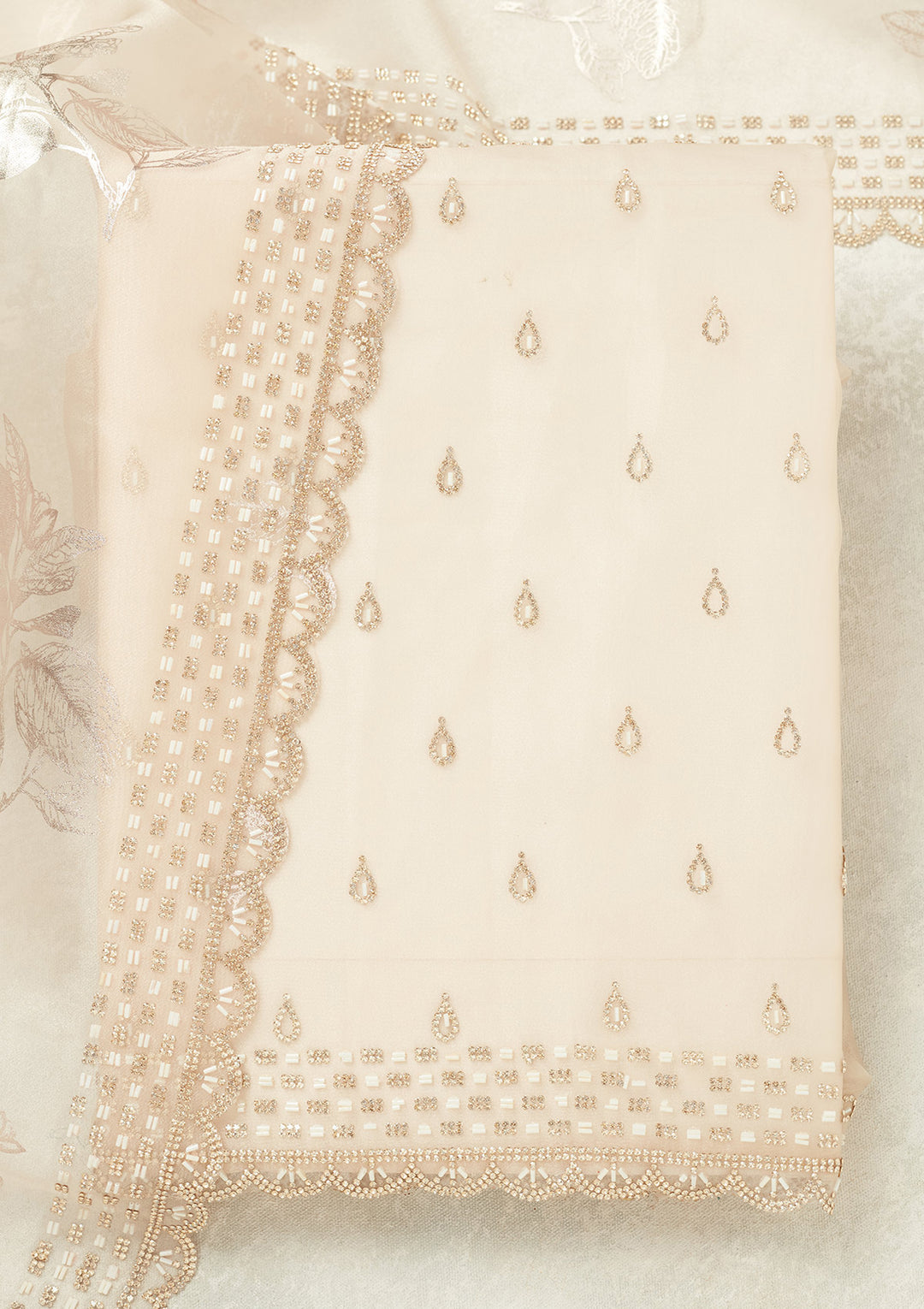 Off White Tissue Gold Stonework Unstitched Dress Material With Matching Bottom And Dupatta
