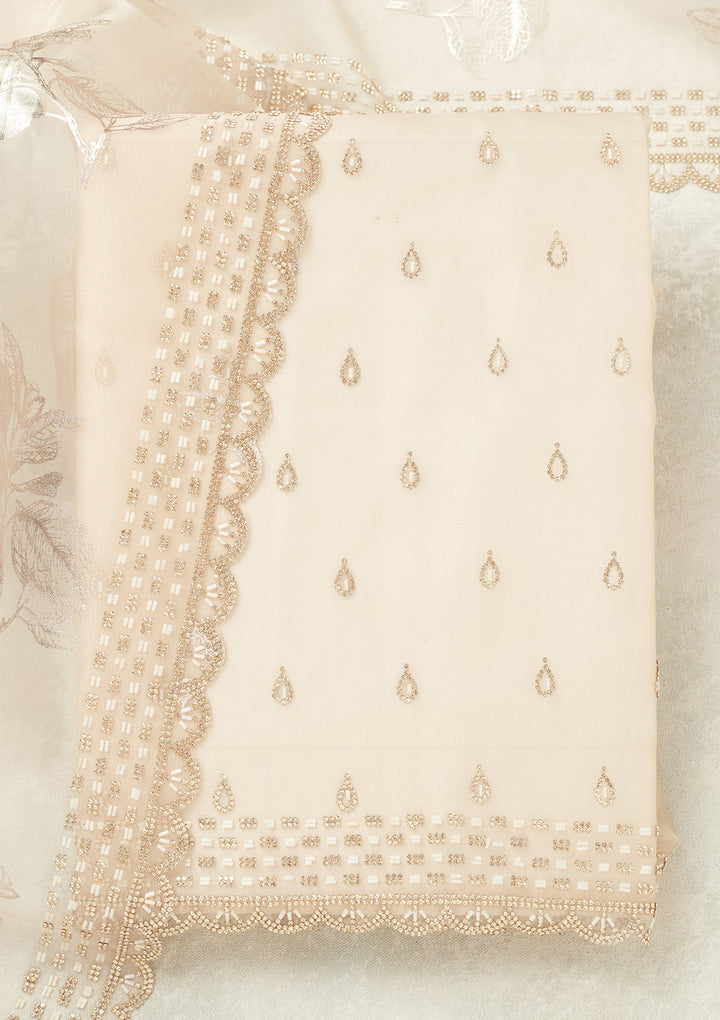 Off White Tissue Gold Stonework Unstitched Dress Material With Matching Bottom And Dupatta
