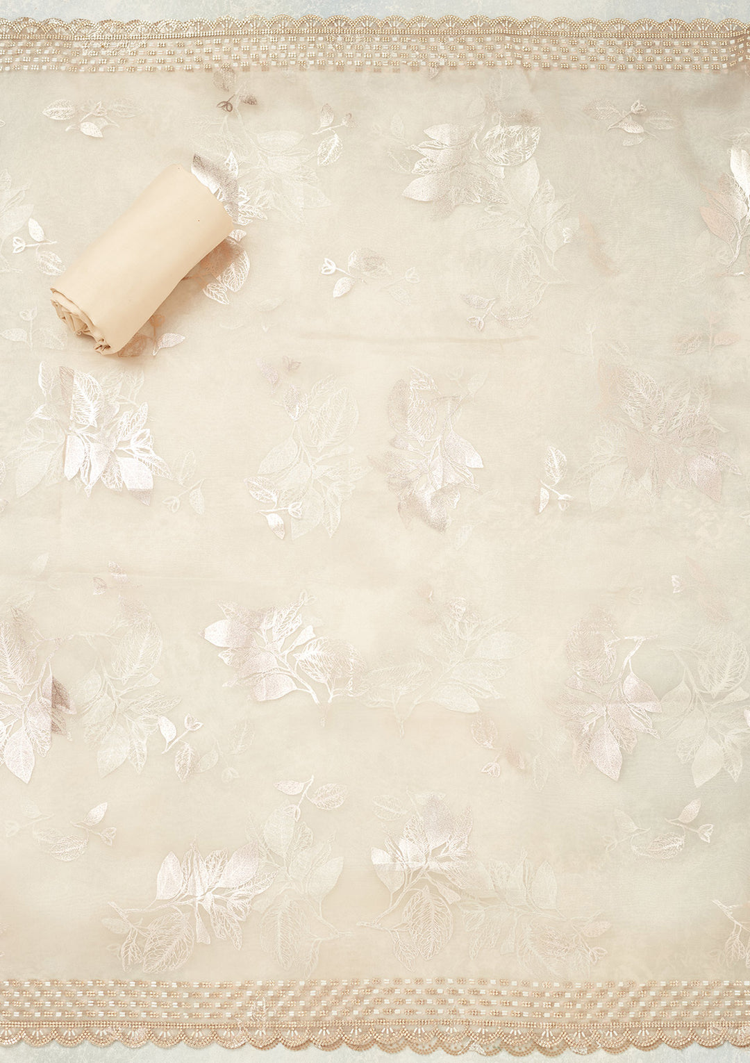 Off White Tissue Gold Stonework Unstitched Dress Material With Matching Bottom And Dupatta