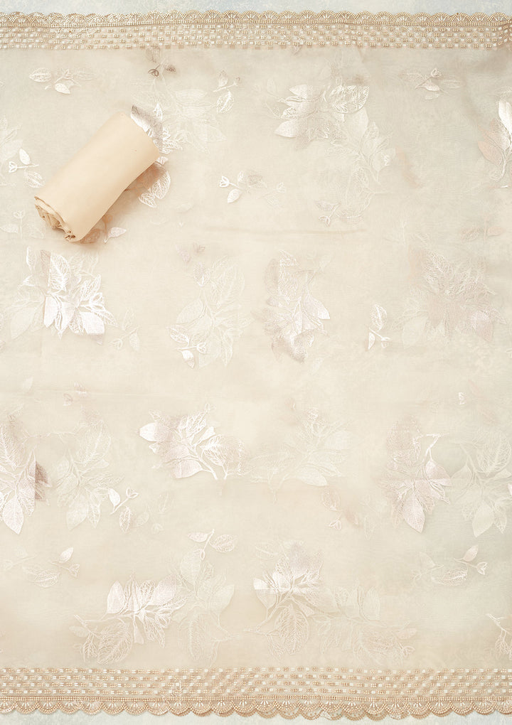Off White Tissue Gold Stonework Unstitched Dress Material With Matching Bottom And Dupatta
