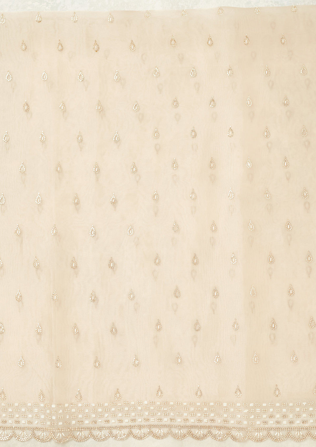 Off White Tissue Gold Stonework Unstitched Dress Material With Matching Bottom And Dupatta