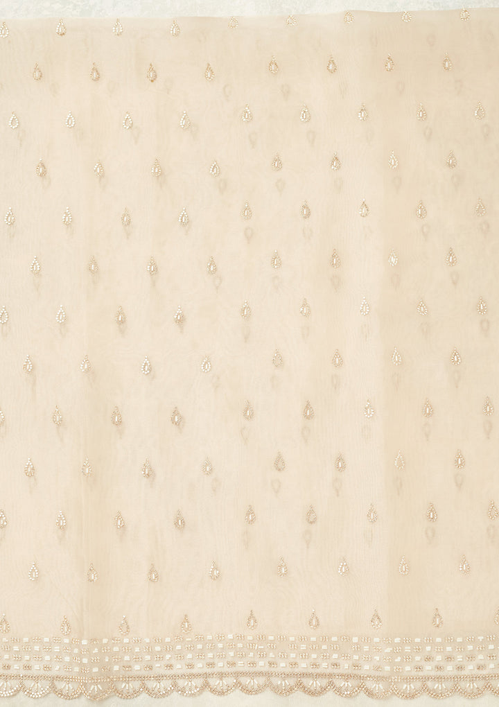 Off White Tissue Gold Stonework Unstitched Dress Material With Matching Bottom And Dupatta