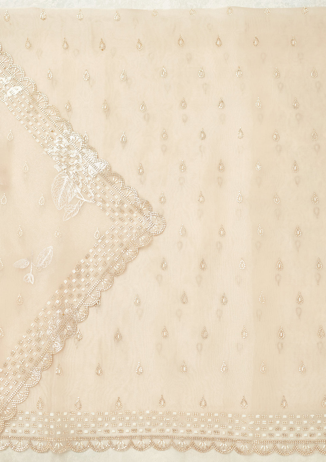 Off White Tissue Gold Stonework Unstitched Dress Material With Matching Bottom And Dupatta