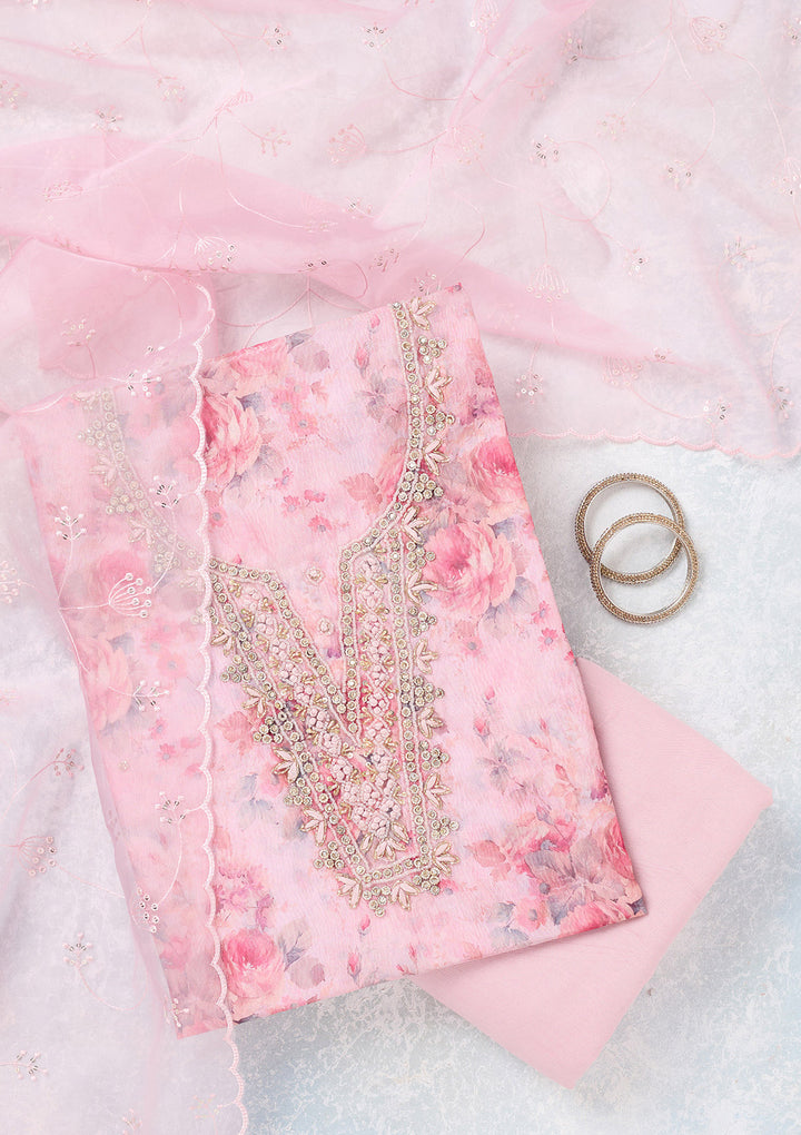 Baby Pink Tissue Cutdana Unstitched Dress Material With Matching Bottom And Dupatta