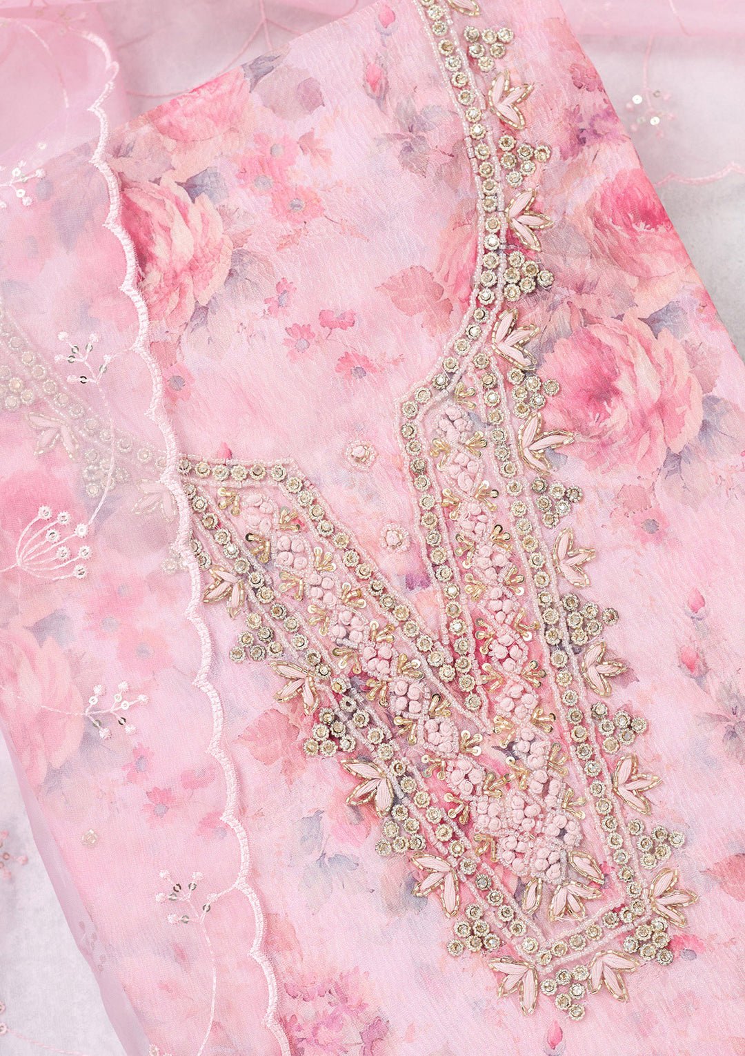 Baby Pink Tissue Cutdana Unstitched Dress Material With Matching Bottom And Dupatta