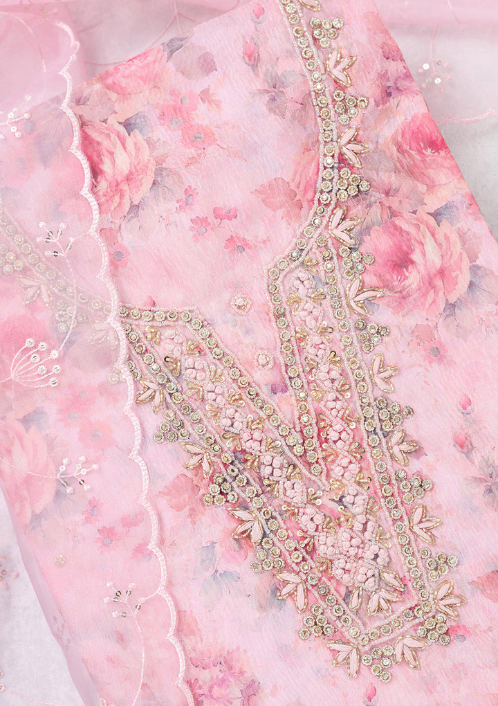 Baby Pink Tissue Cutdana Unstitched Dress Material With Matching Bottom And Dupatta