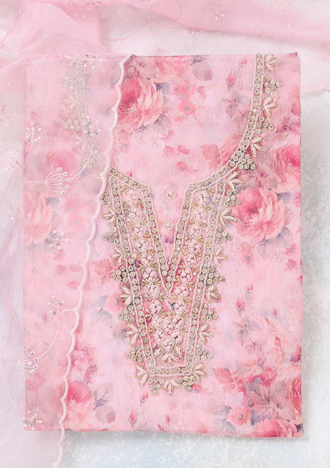 Baby Pink Tissue Cutdana Unstitched Dress Material With Matching Bottom And Dupatta