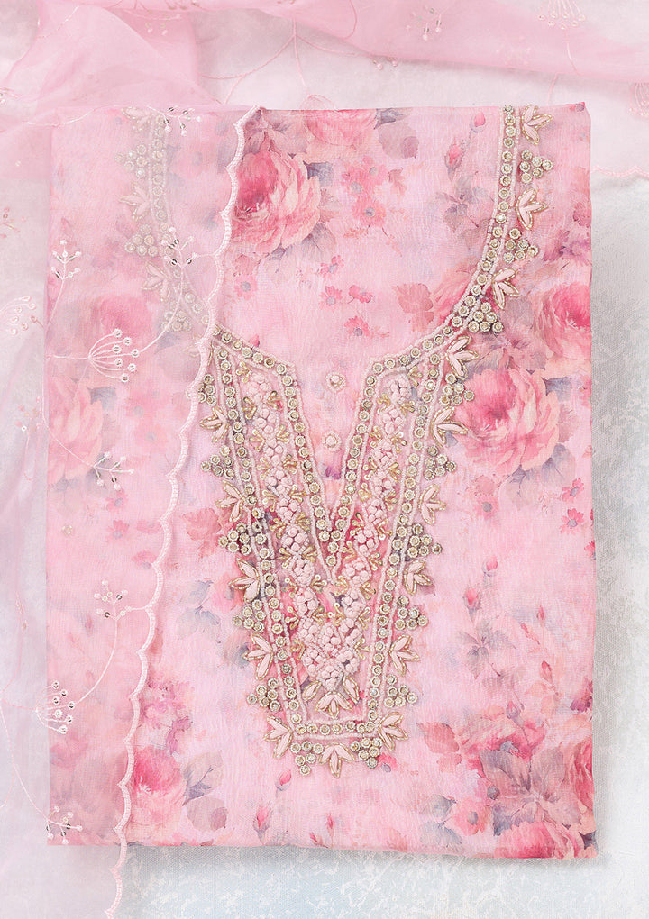 Baby Pink Tissue Cutdana Unstitched Dress Material With Matching Bottom And Dupatta