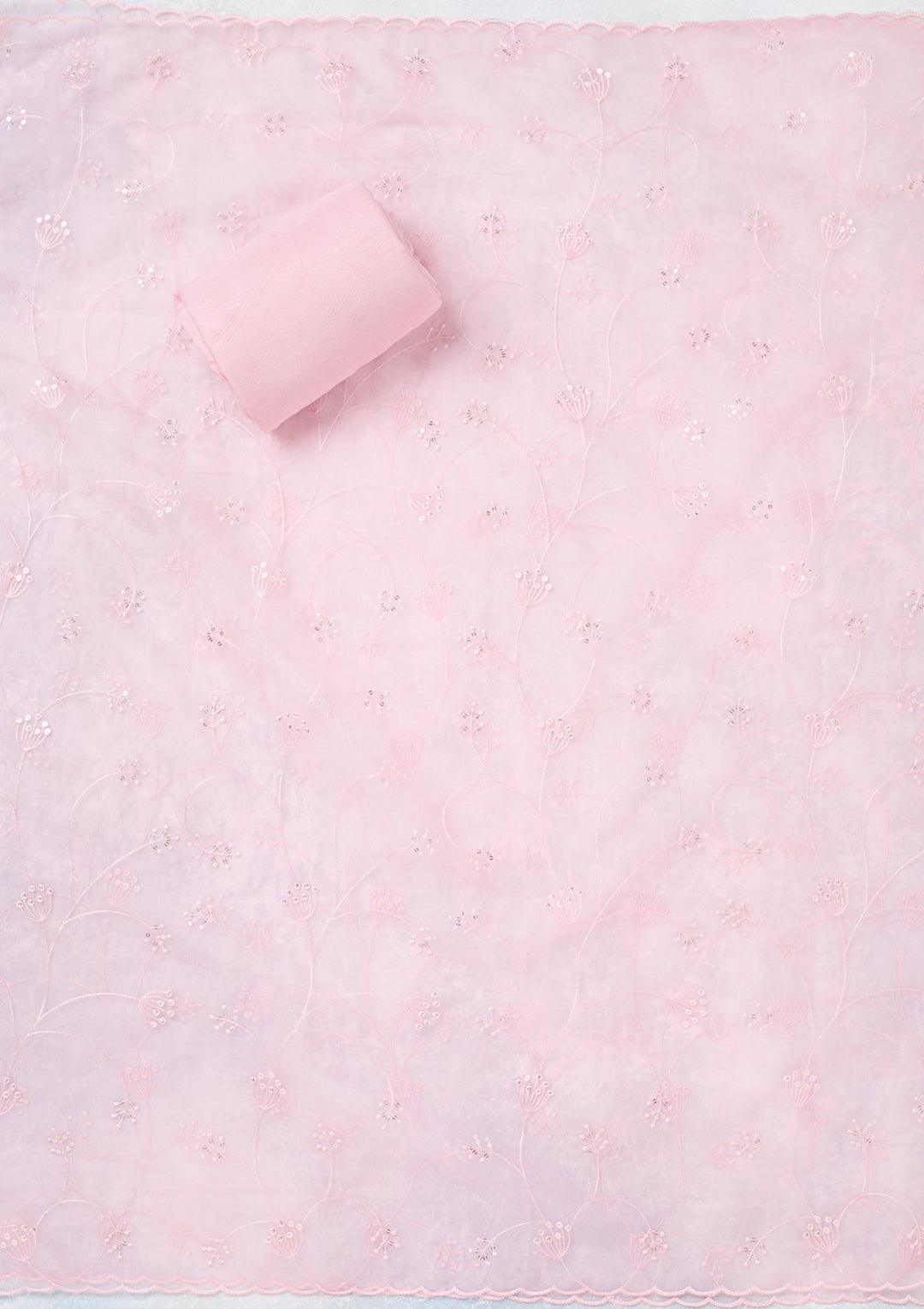 Baby Pink Tissue Cutdana Unstitched Dress Material With Matching Bottom And Dupatta