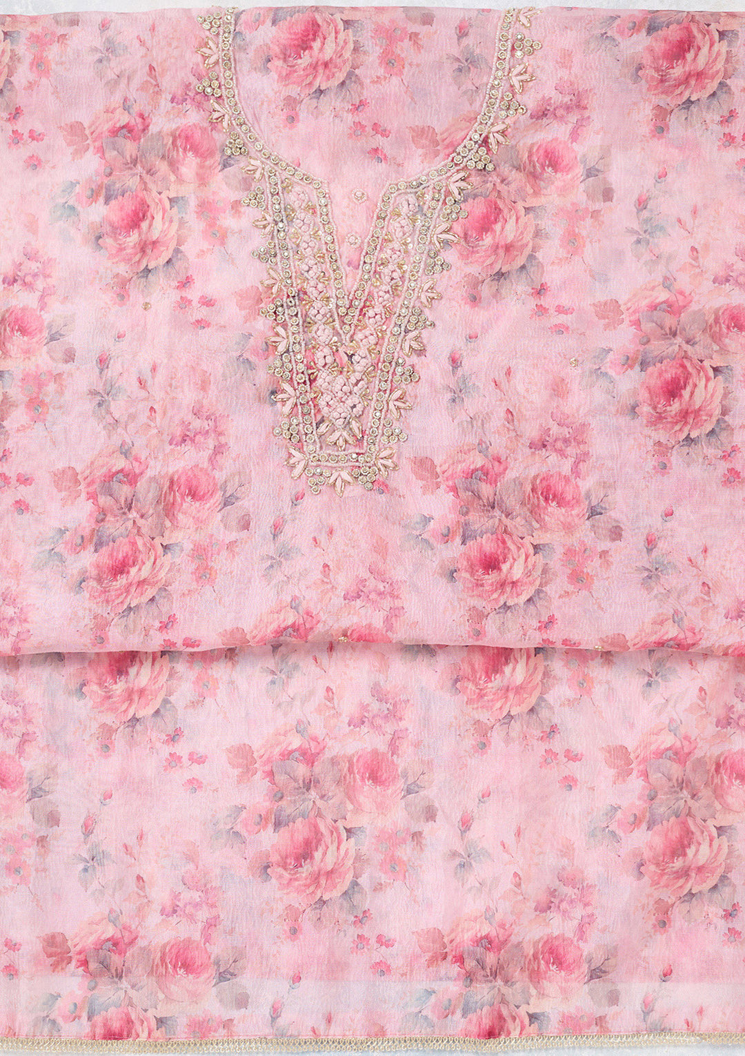 Baby Pink Tissue Cutdana Unstitched Dress Material With Matching Bottom And Dupatta