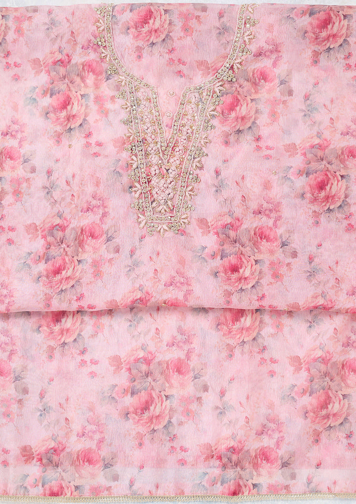 Baby Pink Tissue Cutdana Unstitched Dress Material With Matching Bottom And Dupatta