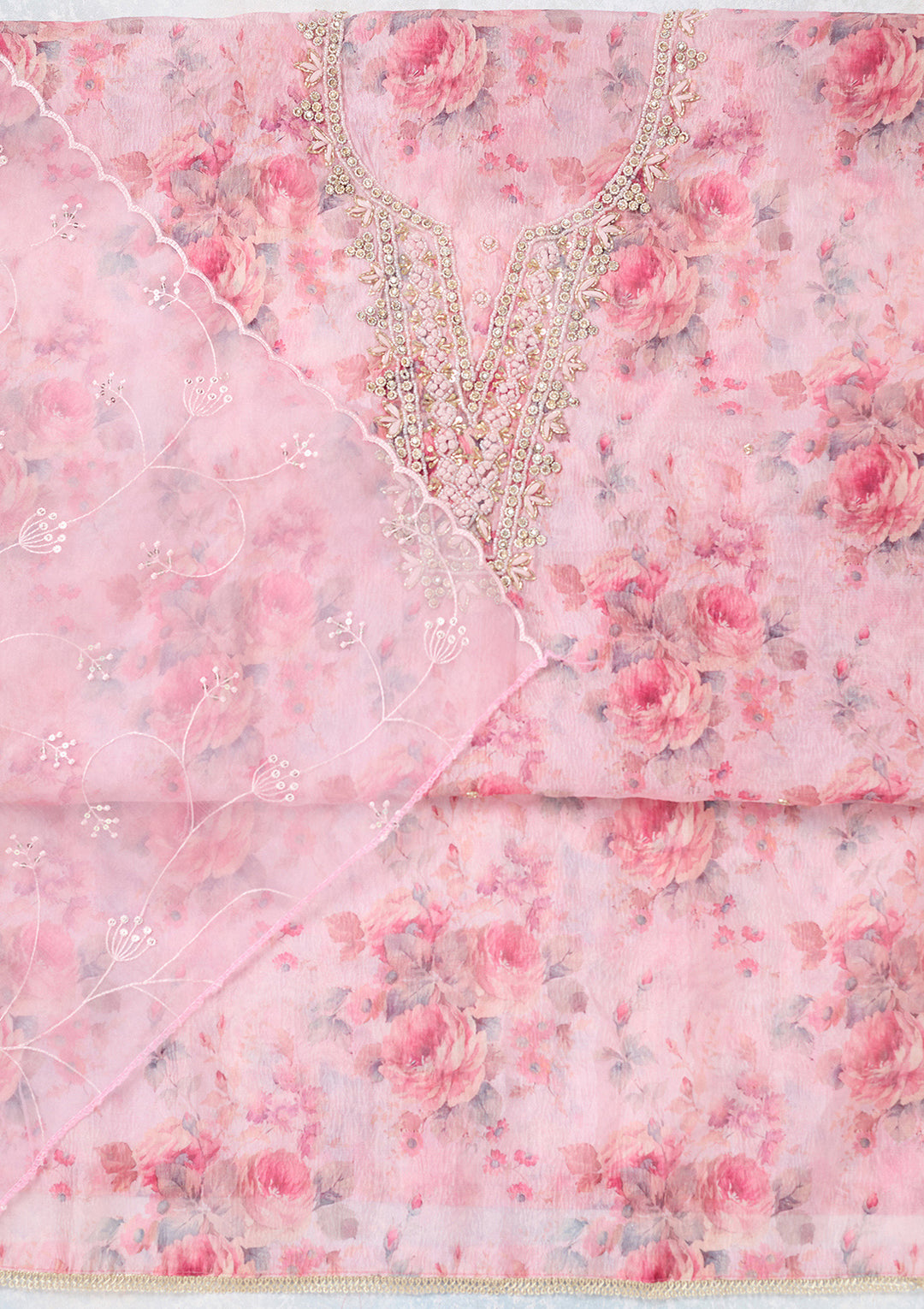 Baby Pink Tissue Cutdana Unstitched Dress Material With Matching Bottom And Dupatta