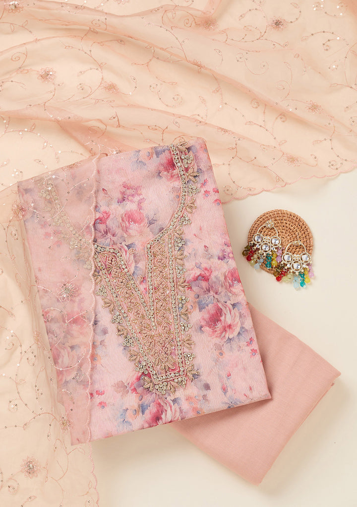 Peach Tissue Cutdana Unstitched Dress Material With Matching Bottom And Dupatta