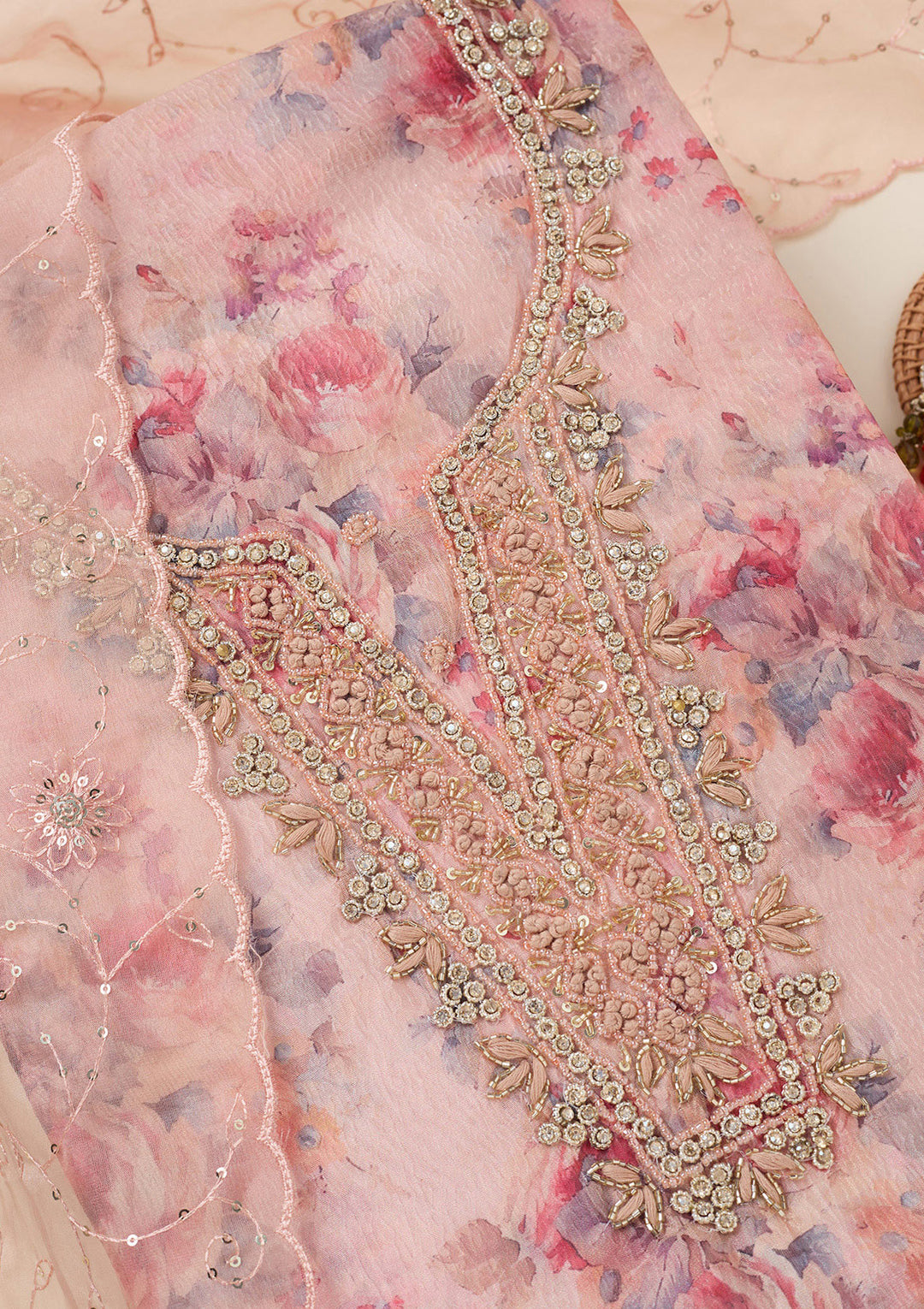 Peach Tissue Cutdana Unstitched Dress Material With Matching Bottom And Dupatta