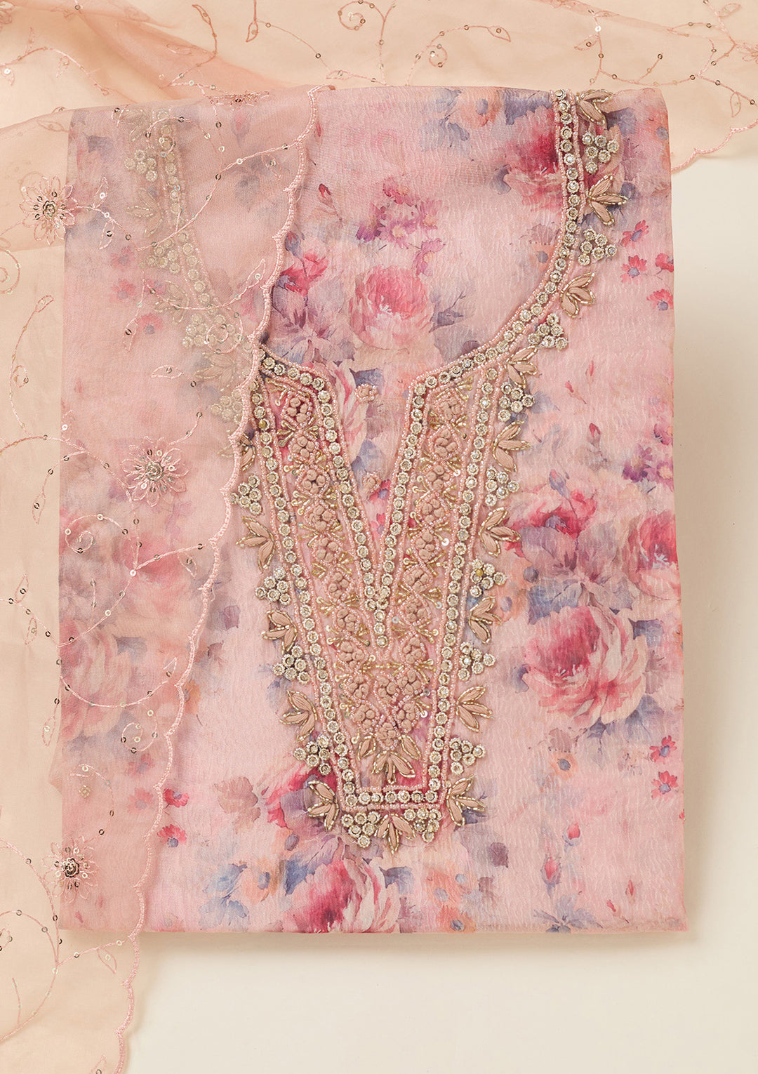 Peach Tissue Cutdana Unstitched Dress Material With Matching Bottom And Dupatta