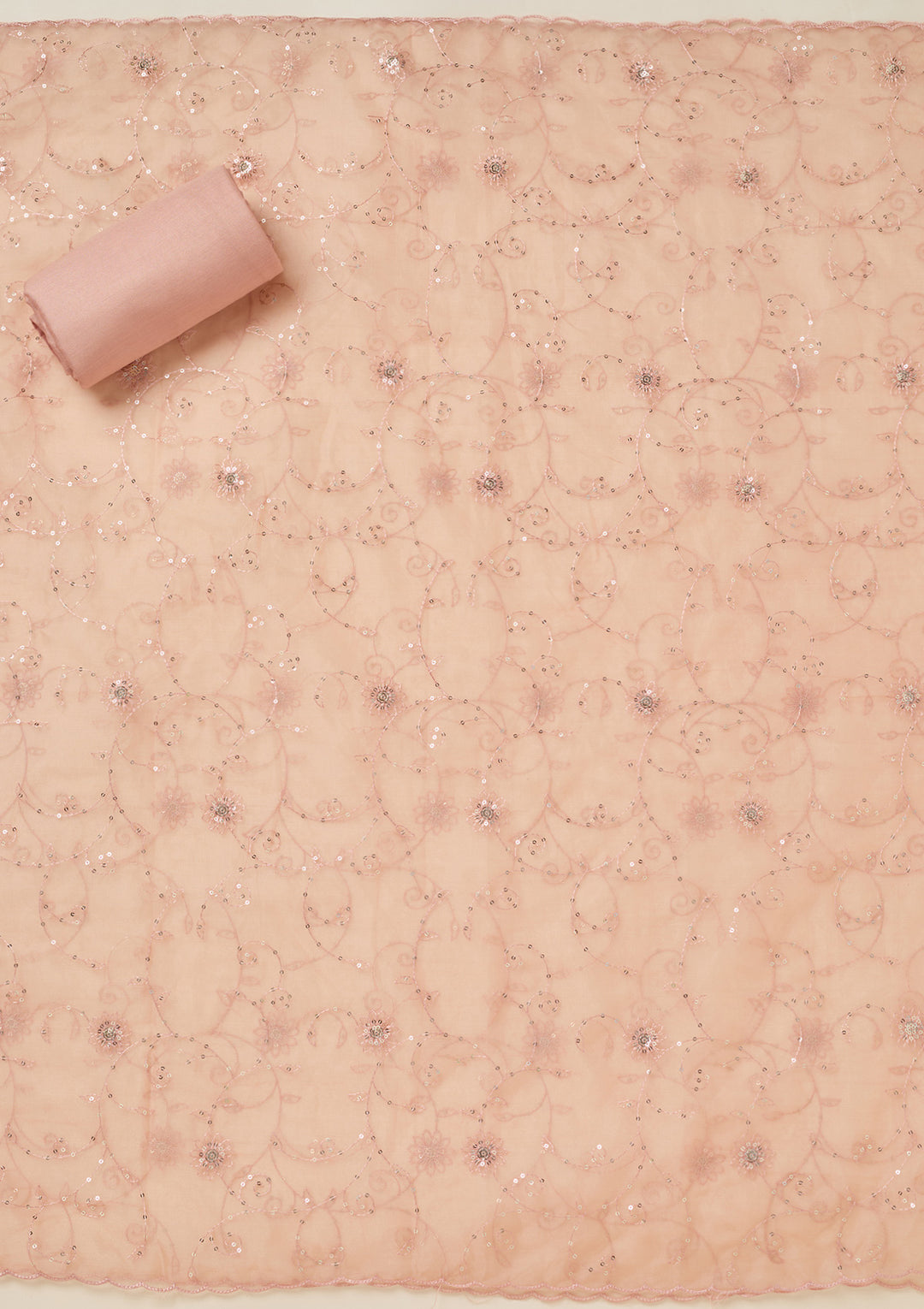 Peach Tissue Cutdana Unstitched Dress Material With Matching Bottom And Dupatta