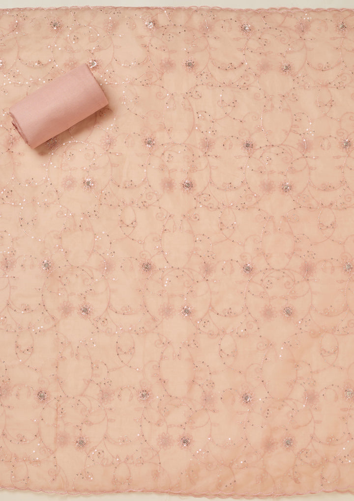 Peach Tissue Cutdana Unstitched Dress Material With Matching Bottom And Dupatta