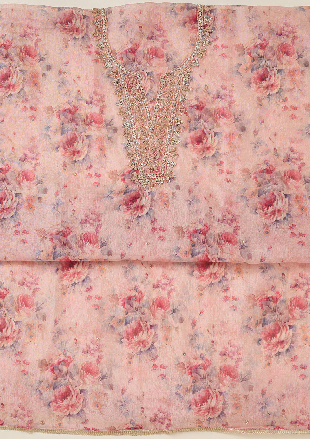 Peach Tissue Cutdana Unstitched Dress Material With Matching Bottom And Dupatta