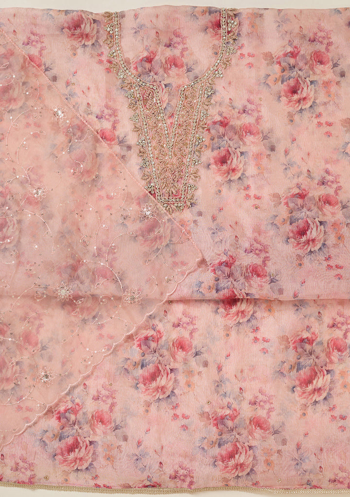 Peach Tissue Cutdana Unstitched Dress Material With Matching Bottom And Dupatta