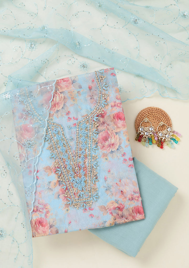 Sky Blue Tissue Cutdana Unstitched Dress Material With Matching Bottom And Dupatta