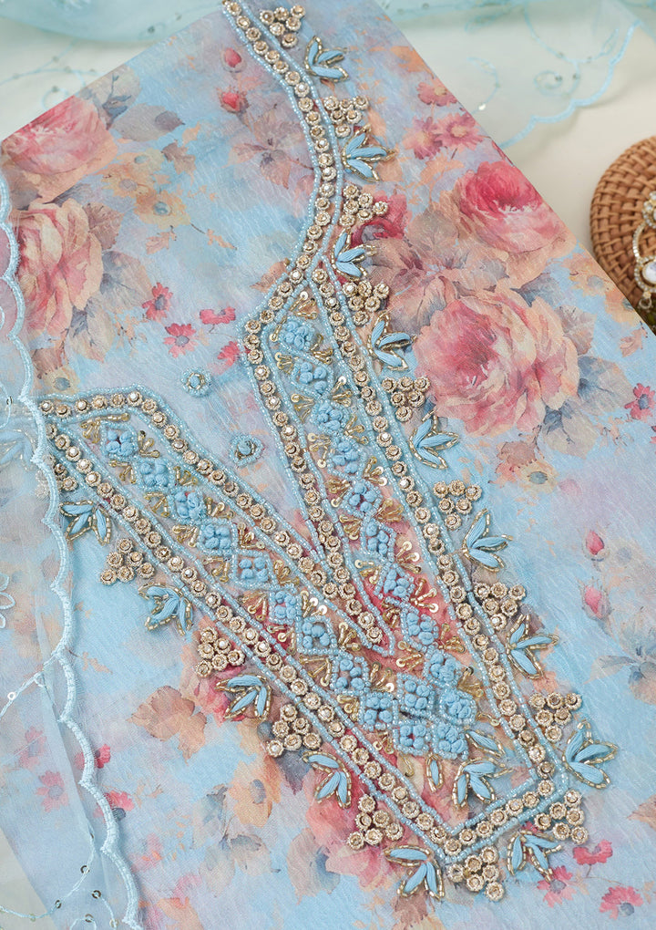 Sky Blue Tissue Cutdana Unstitched Dress Material With Matching Bottom And Dupatta