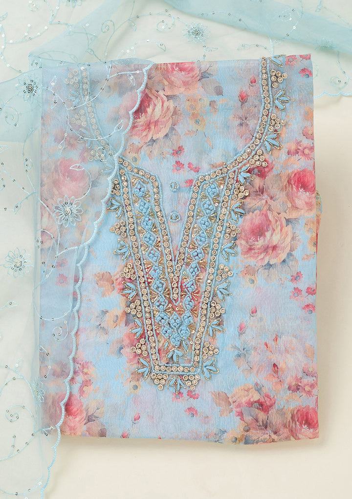 Sky Blue Tissue Cutdana Unstitched Dress Material With Matching Bottom And Dupatta