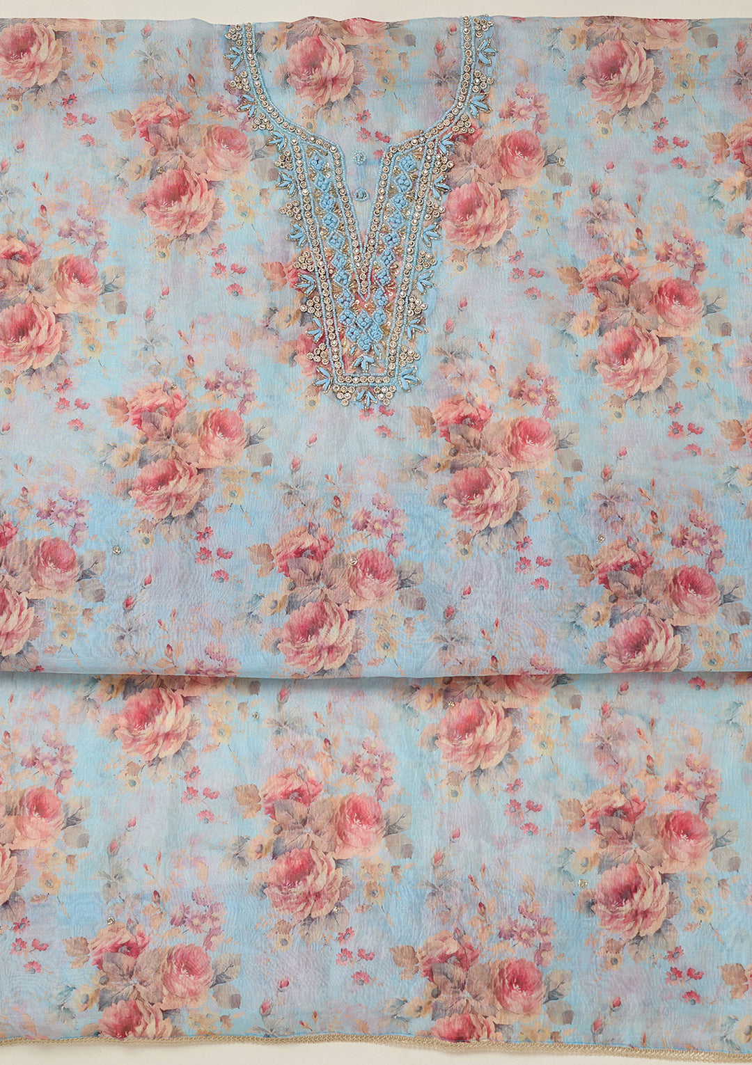 Sky Blue Tissue Cutdana Unstitched Dress Material With Matching Bottom And Dupatta