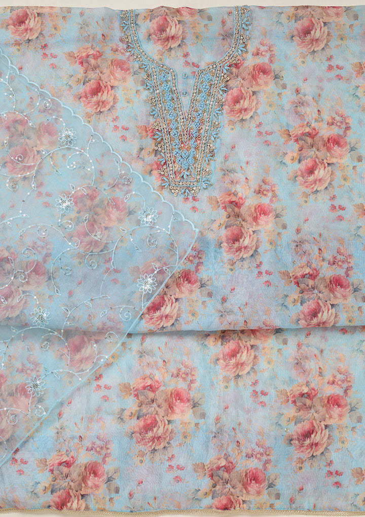 Sky Blue Tissue Cutdana Unstitched Dress Material With Matching Bottom And Dupatta