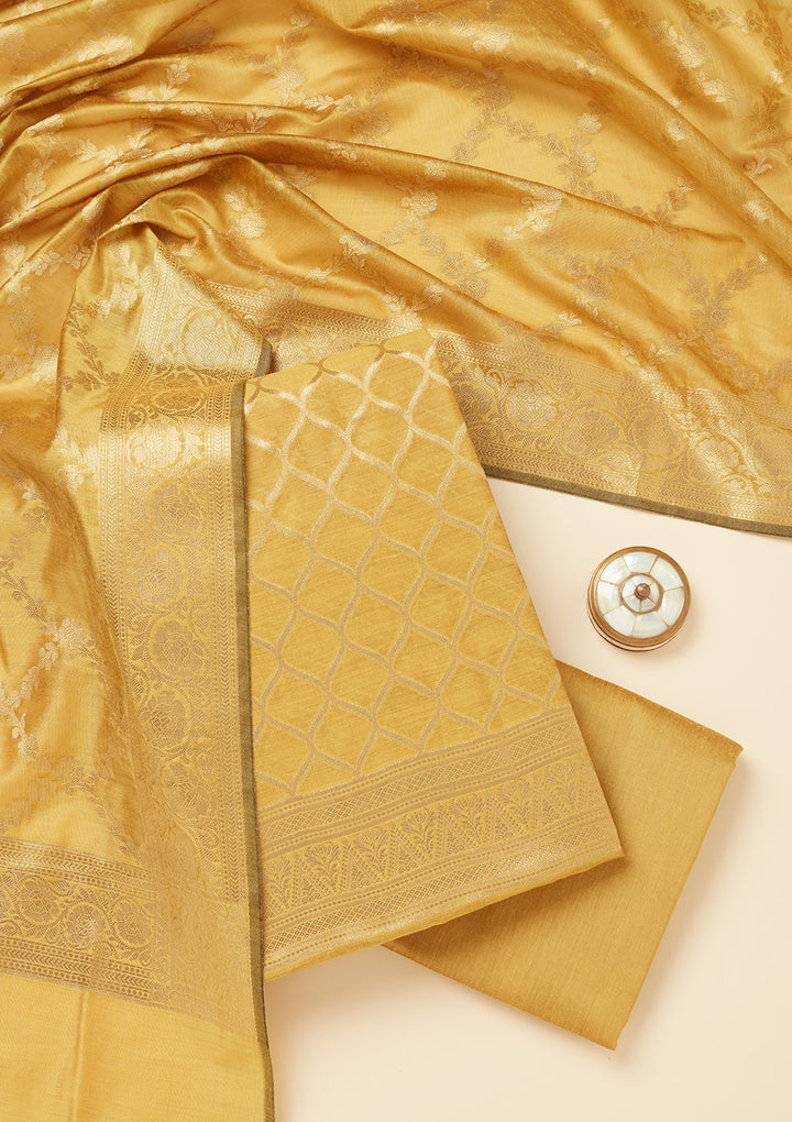 Lime Green Silk Gold Zariwork Unstitched Dress Material With Matching Bottom And Dupatta